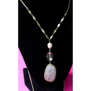 Pink Agate Stone Necklace Pearl Facet Bead Gold Chain Pendant Ann Taylor Loft 20